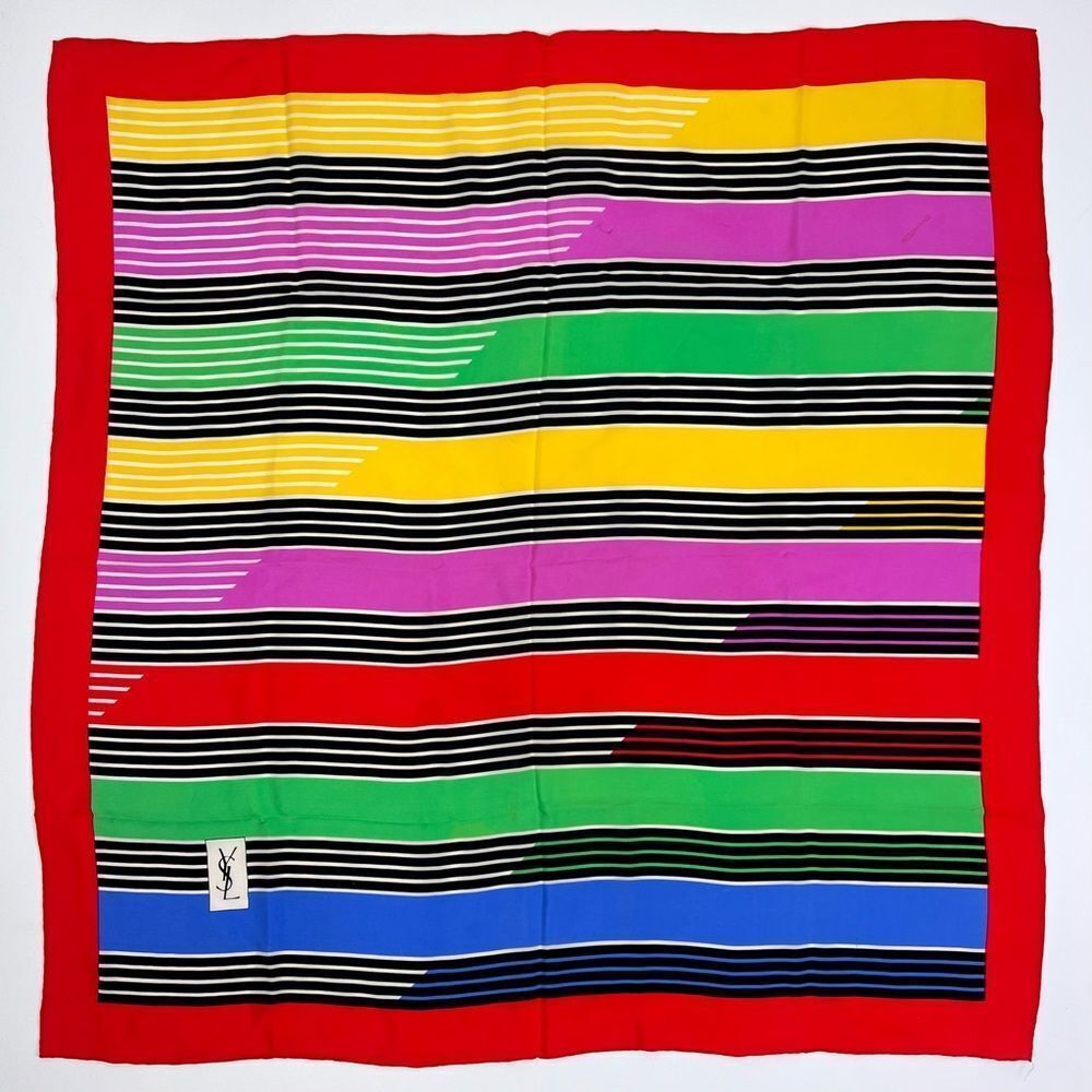Yves Saint Laurent Multi-Color "Striped Rainbows" with Red Border Silk Scarf